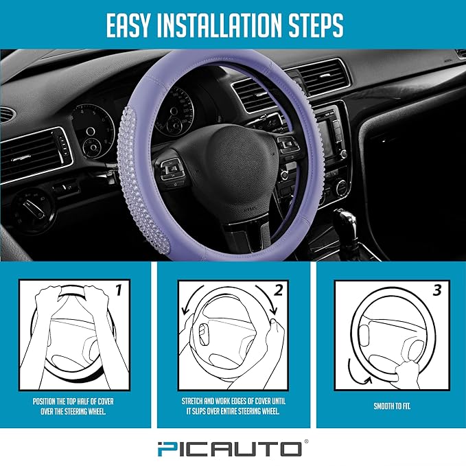 PIC AUTO Steering Wheel Cover, Glitter Gel Particles & Purple Luxury Leather Car Steering Cover, Universal Fit 14.5"-15.5" Anti-Slip Car Wheels Cover for Girls & Women