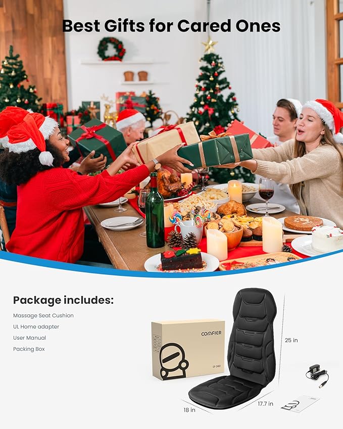 COMFIER Back Massager with Heat, Vibration Massage Seat Cushion with 8 Massage Nodes & 5 Modes, Adjustable Chair Massager Pad for Home Office, Heated Chair Pad, Valentines Day Gifts for Women Mom Wife
