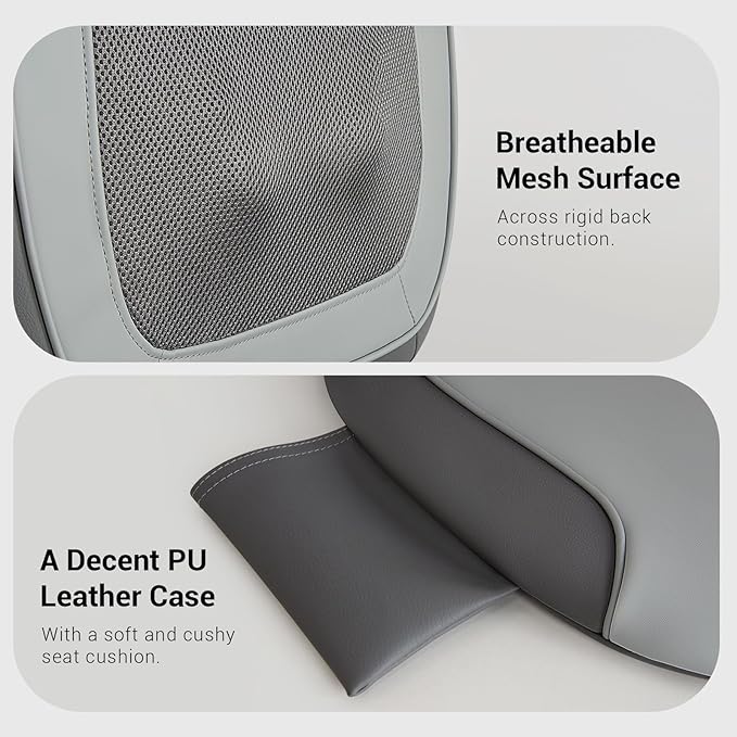 Mynt Gray Back Massager for Chair with Heat for Deep Tissue, Mesh Shiatsu Massage Chair Pad with 4 Deep Kneading Nodes, Heated Back Massage with a Seat Cushion