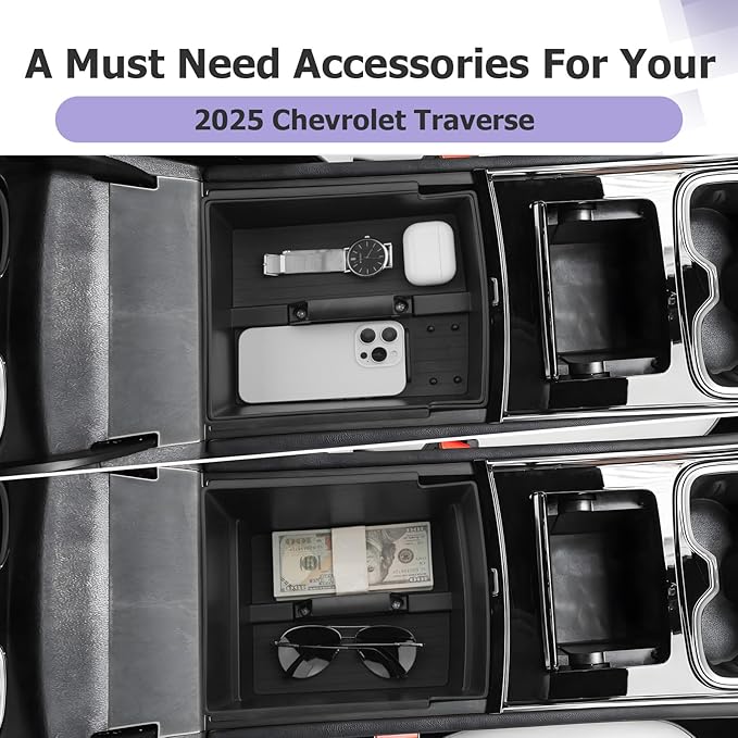 LUWU Center Console Organizer Tray Compatible with 2024 2025 2026 Chevrolet Traverse & 2024 2025 2026 GMC Acadia Accessories Armrest Console Organizer Armrest Organizer Insert Tray Black 2-Pack