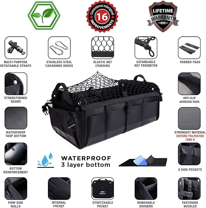 2-Section Trunk Organizer Foldable Car Storage Bin – Compact Dual-Compartment Auto Organizer with Cover Net, Non-Slip Pads, Heavy Duty Oxford 1680D – Black