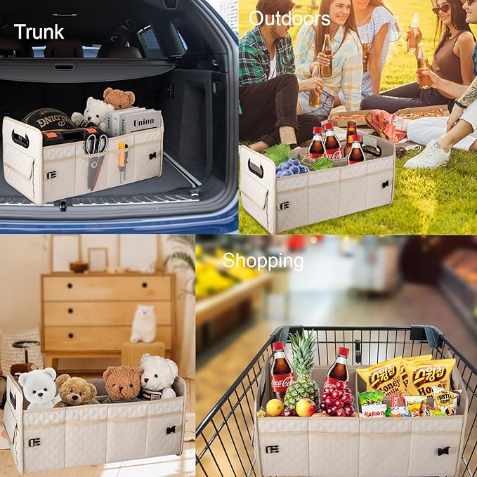 JiatuA Car Trunk Organizer for SUV, Car Storage Organizer Collapsible Multi Compartment Container Box, Adjustable Car Accessories for Women/Men, Large Beige