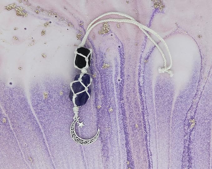 BOHO GARDEN Hanging Car Charm - Black Tourmaline, Amethyst - Dangling Moon, Healing Crystal Accessories, Rearview Mirror Decorations - Grounding, Confidence, Protection, Balance, Energy, Spirituality