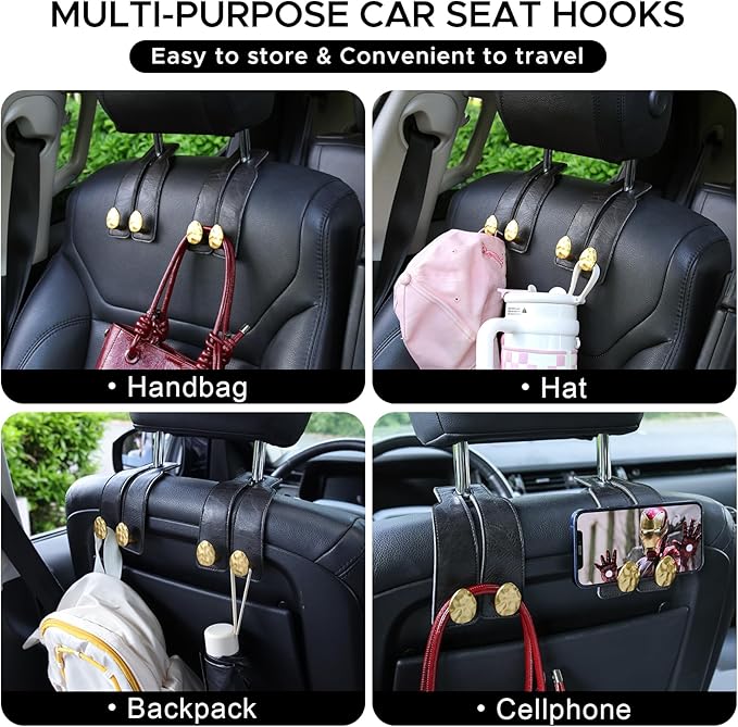 2PCS Leather Car Seat Hooks for Headrest, Vehicle Hanger Storage Organizer Universal for Handbag Purse, Car Accessories Gift (Black-Gold)