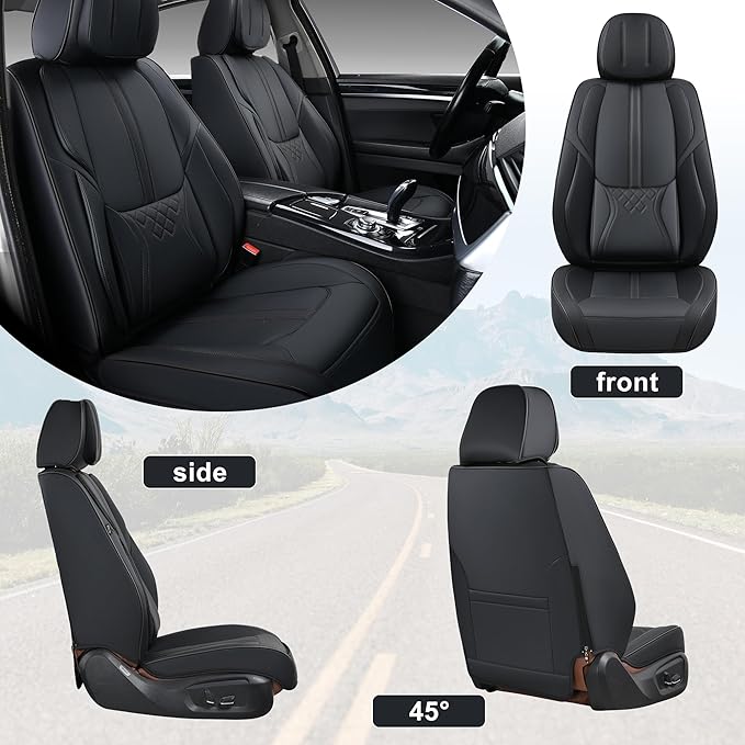 Black Car Seat Covers Full Set, Universal Front and Rear Seat Covers for Cars, Waterproof Leather Auto Seat Protectors Airbag Compatible, Car Seat Cushions Fit for Most Sedans SUV Pick-up Truck
