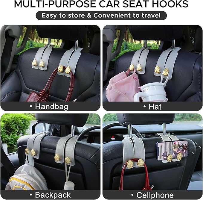 2PCS Leather Car Seat Hooks for Headrest, Vehicle Hanger Storage Organizer Universal for Handbag Purse, Car Accessories Gift (Grey-Gold)