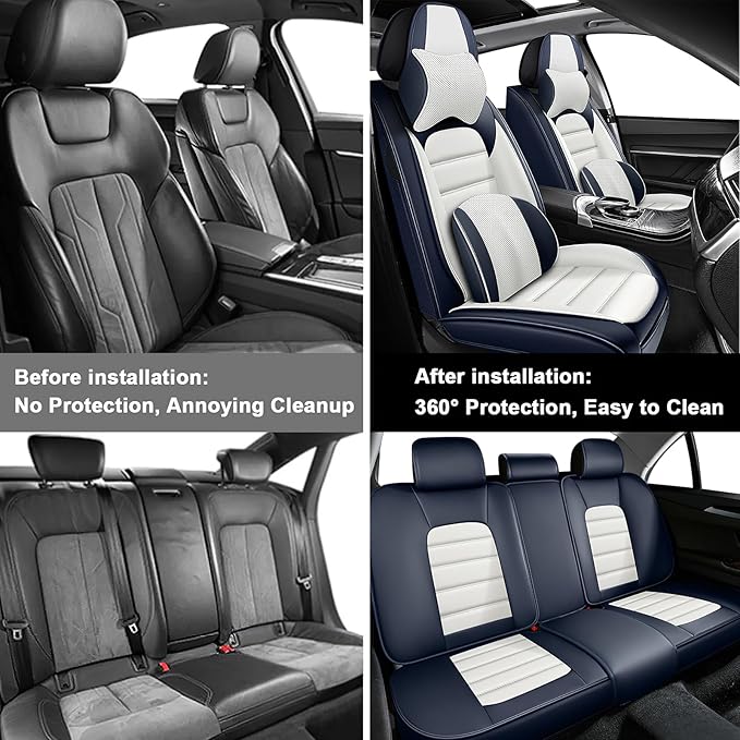 5 Car Seat Covers for Toyota Highlander 2001-2026 Breathable Leather,Waterproof Car Seat Protectors with Comfort Headrest Pillows,Automotive Vehicle Cushion with Storage Pockets (Luxury,Blue)