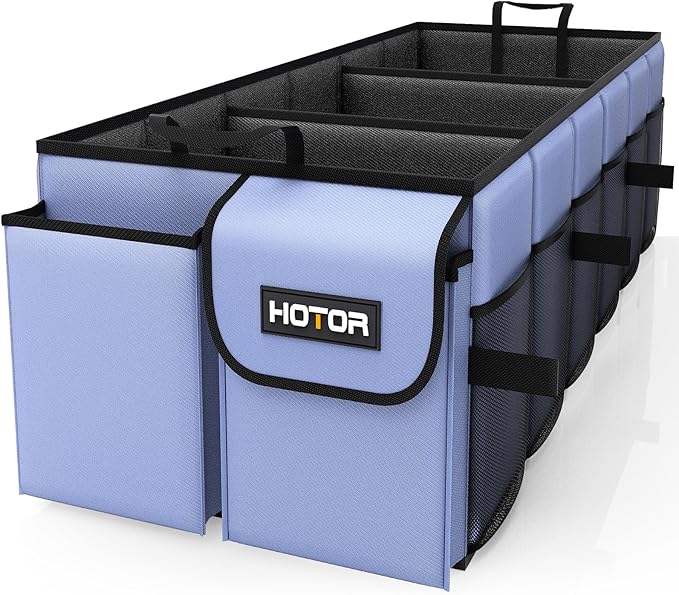 HOTOR Trunk Organizer - Car Organizer, Foldable Trunk organizer for SUVs & Sedans, Sturdy Car Organization for Car Accessories, Tools, Sundries, Blue, 3 Compartments, 31.9"×12.6"×10.6"