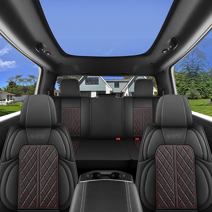 Car Seat Cover Custom Fit for Dodge Ram 1500 2500 3500 2002-2026 Faux Leather Seat Cover Set Compatible with Crew Quad Regular Cab Pickup Truck Cushions (Black Redline, Full Set, Flat Rear)