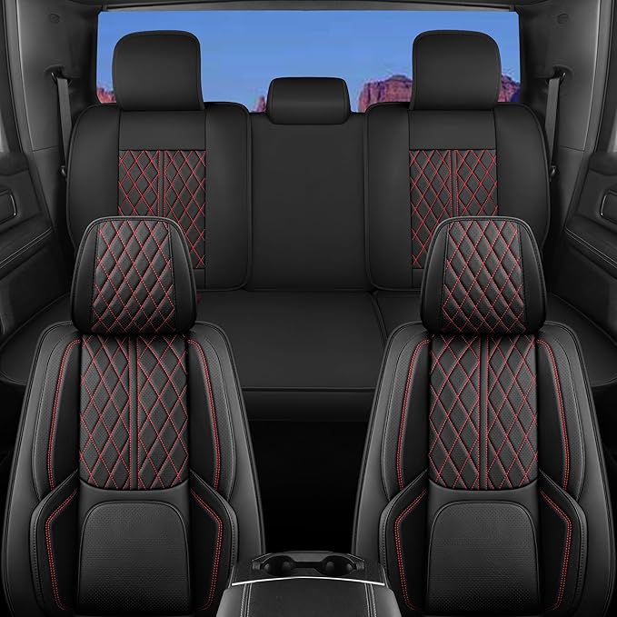 Car Seat Cover Custom Fit for Ford F150 2009-2026 Faux Leather Seat Cover Set Compatible with Regular Cab Super Cab Super Crew Pickup Truck Cushions (Black Redline, Full Set)