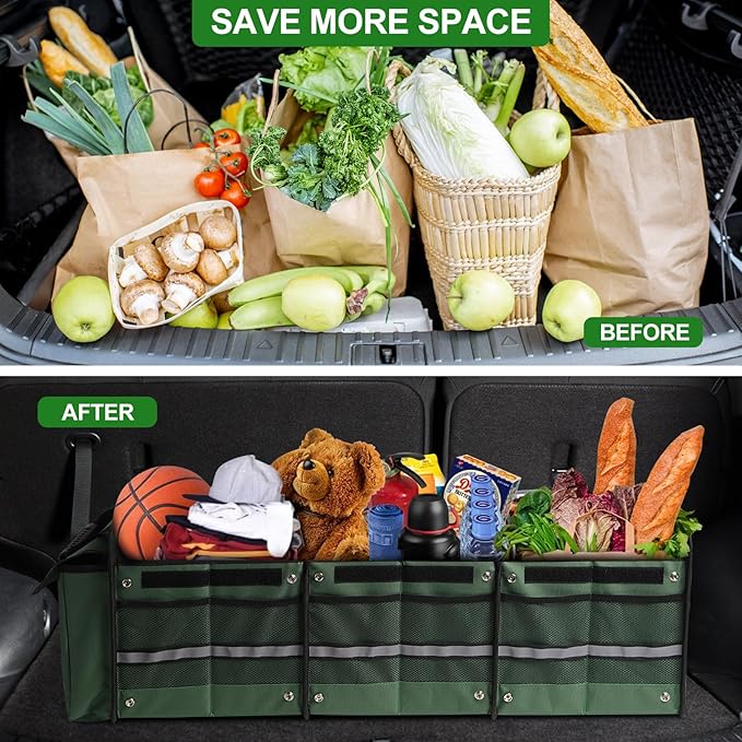 Car Trunk Organizer,115L Heavy Duty Collapsible Trunk Storage, with Insulated Leakproof Cooler Bag Vehicle Cargo Organizer with Lid, 3 Compartments, Straps For Car,Suv,Jeep,Sedan-Green