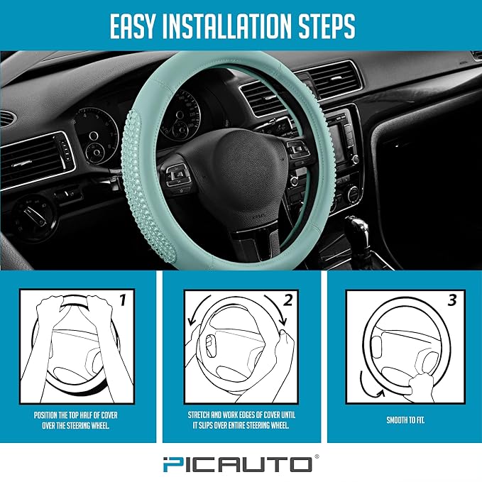 PIC AUTO Steering Wheel Cover, Glitter Gel Particles & Mint Luxury Leather Car Steering Cover, Universal Fit 14.5"-15.5" Anti-Slip Car Wheels Cover for Girls & Women