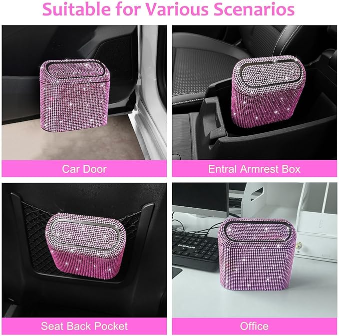 Accmor Bling Car Trash Can with Lid, Vehicle Trash Bin Car Dustbin Garbage Organizer Storage, Sparkling Crystal Mini Auto Trash Bags Holder Container with 30pcs Garbage Bags for Cars, SUV, Truck
