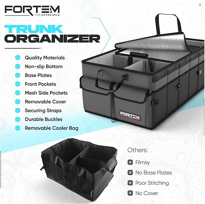 FORTEM Trunk Organizer with Cooler For SUV Car Trunk, Foldable Storage, Car Accessories for Women Men, Collapsible Bag, Perfect Christmas Gifts, 600D Oxford, Non Slip Bottom, Straps, Soft Cover (105L)