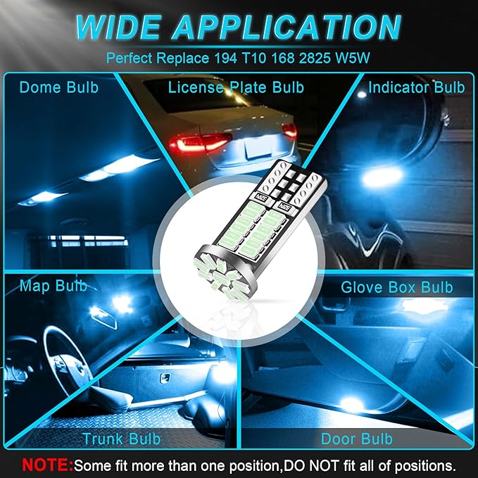 10Pcs Super Bright 194 T10 168 2825 W5W 34-SMD 3014 Chipsets Replacement LED Bulb for Car Trunk Interior Dome Map Door Courtesy License Plate Lights - Ice Blue