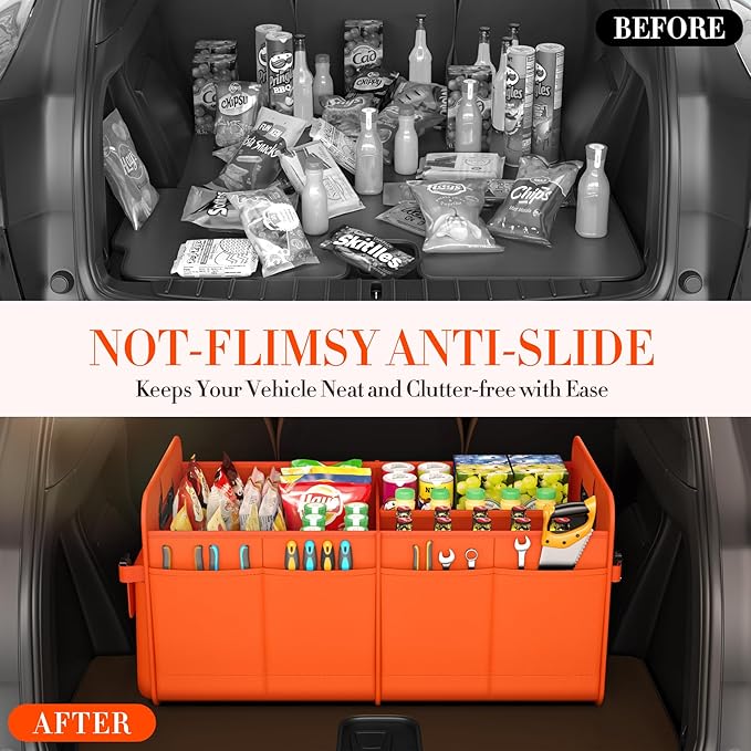 Trunk Organizer For Suv & Sedan,Car Organizers and Storage, Waterproof Collapsible & Adjustable Straps,70L Sturdy Car Organization for Car Accessories, Tools,Sundries,2-3Compartment(Orange