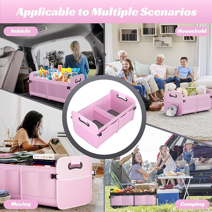 Sposuit Trunk Organizer for Car - 70L Collapsible Car Storage with 11 Pockets & Reinforced Handles, SUV Trunk Organizers for Grocery Cargo(Pink)