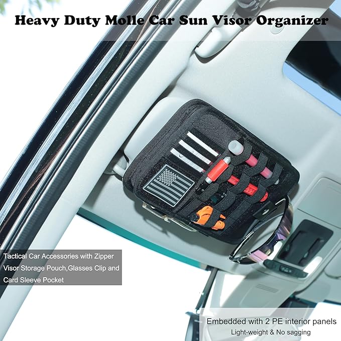 Heavy Duty Molle Car Sun Visor Organizer - Tactical Car Accessories with Zipper Visor Storage Pouch,Glasses Clip and Card Sleeve Pocket, Multi-Pocket Visor Organizer Storage Pouch for Cars SUVs Trucks