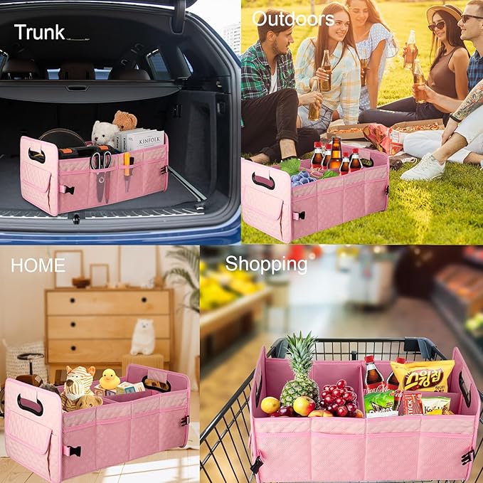 JiatuA Car Trunk Organizer for SUV, Car Storage Organizer Collapsible Multi Compartment Container Box, Adjustable Car Accessories for Women/Men, Pink