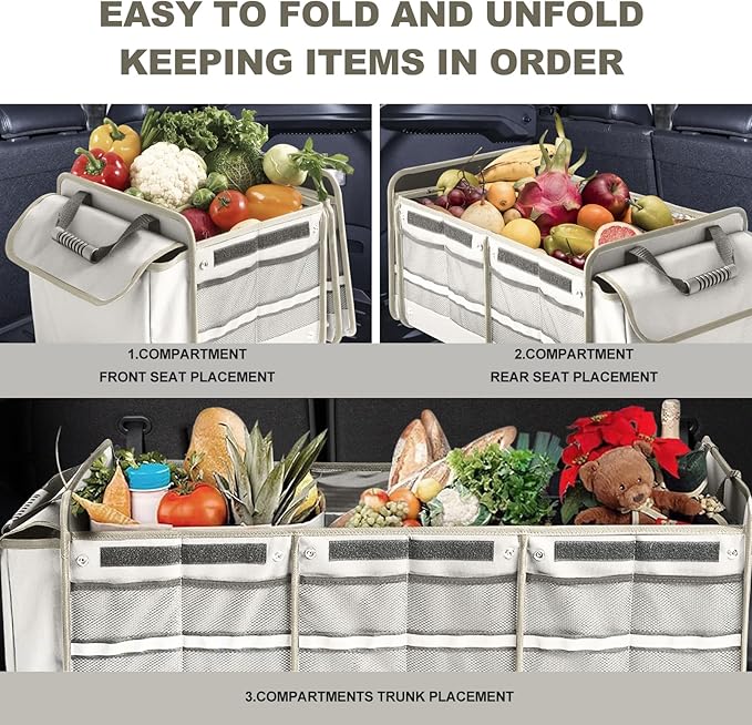 Car Trunk Organizer with Insulated Leakproof Cooler Bag, 4 in 1 Waterproof Portable Car Storage Organizer with Collapsible Cover, 3 Large Compartments, Trunk Organizer for SUV, Car, Truck (Beige)