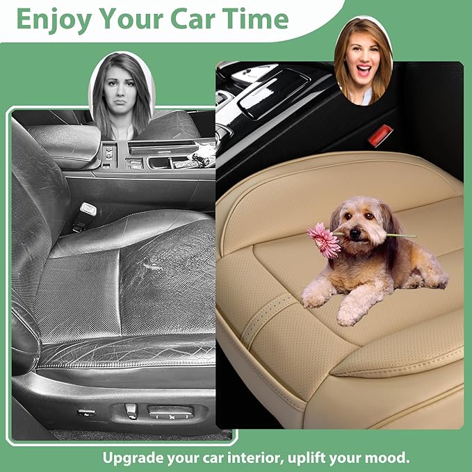 2 Pack Front Car Seat Cover Bottom Only Faux Leather, Anti-Slip Padded Seat Cushion, Full Wrap Seat Protector with Storage Function Fit 95% Cars, SUV, Pick-up Trucks (Beige)