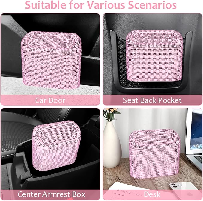 Accmor Bling Car Trash Can with Lid, Leak-Proof Mini Vehicle Trash Bin Automotive Dustbin Organizer Storage, Sparkling Crystal Trash Bag Container with 30pcs Garbage Bags for Car, Home, Office (Pink)