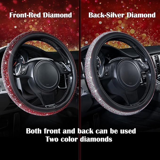 CAR PASS Bling Diamond Leather Steering Wheel Cover, Bling Sparkly Crystal Glitter Rhinestones Universal Fit 14" 1/2-15" Car Wheel Protector for Women Girl Fit Suvs,Vans,Sedans,Trucks, Red Silver