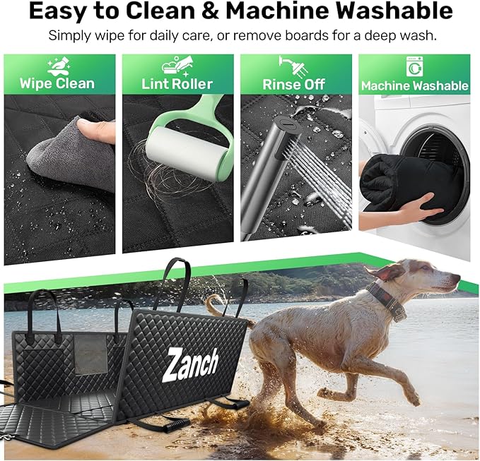 Zanch Heavy-Duty Dog Truck Seat Cover, Flat Solid Back Seat Extender for Multi Large Dogs, Hard-Base Supports 450 lb, Waterproof Hammock Protector, XL for Full-Size Crew Cab Trucks & SUVs, Black