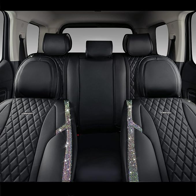 CAR PASS Iridescent Diamond &NAPPA Calfskin Leather Cushioned,Bling Seat Covers,Waterproof Heavy-Duty Anti-Slip,Universal Fit for Auto SUV Sedan,Sparkly Glitter Shining Rhinestone Full Set, Multicolor