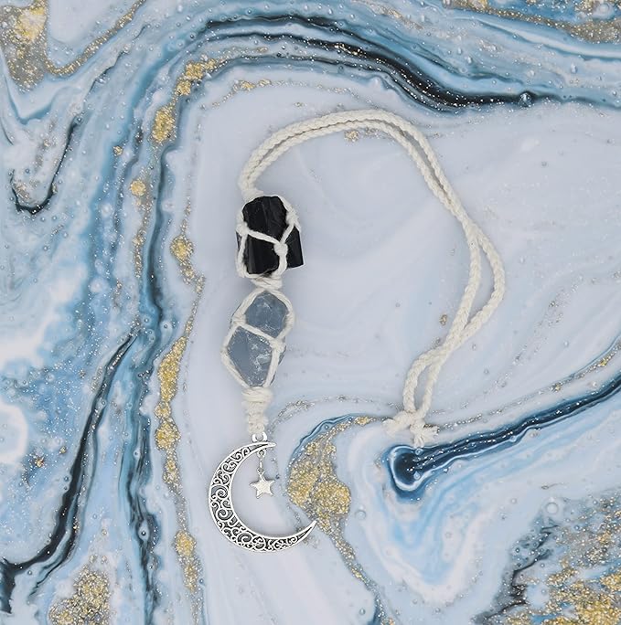 BOHO GARDEN Hanging Car Charm - Black Tourmaline & Blue Calcite - Dangling Moon & Healing Crystal Accessories, Rearview Mirror Decorations - Confidence, Calmness, Creativity, Protection, Communication