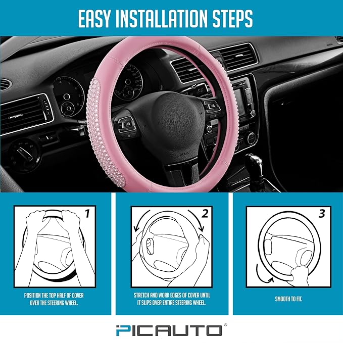 PIC AUTO Steering Wheel Cover, Glitter Gel Particles & Pink Luxury Leather Car Steering Cover, Universal Fit 14.5"-15.5" Anti-Slip Car Wheels Cover for Girls & Women
