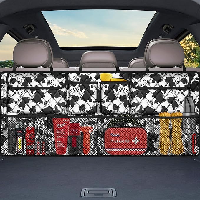 Femuar Car Trunk Organizer,Large Capacity Backseat Trunk Organizer(42"*18"),Collapsible Car Storage Bag with 8 Pocekt,SUV/MPV/Truck - Cow print