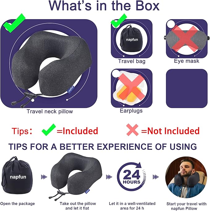 napfun Neck Pillow for Traveling, Upgraded Travel Neck Pillow for Airplane 100% Pure Memory Foam Travel Pillow for Flight Headrest Sleep, Portable Plane Accessories, Full Black
