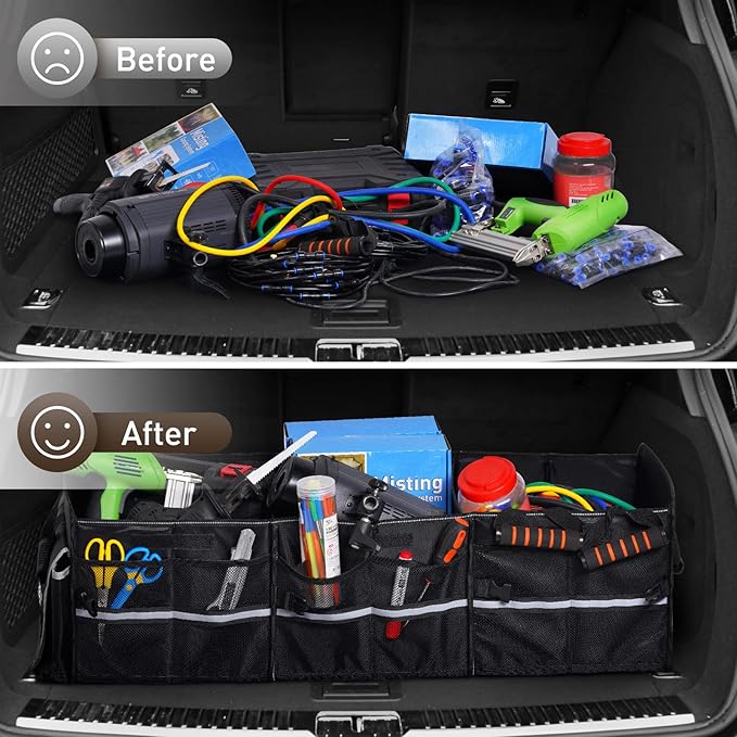 HIRALIY 4 in 1 Car Trunk Storage Organizer with Leakproof Cooler Bag, Multi-Compartment Foldable Trunk Storage Box for Car Truck SUV Black