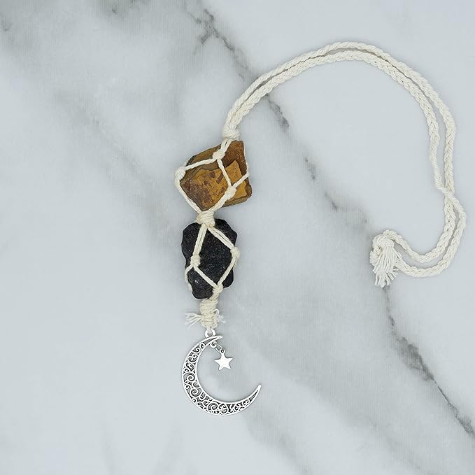 BOHO GARDEN Hanging Car Charm - Tiger Eye & Black Tourmaline - Dangling Moon, Healing Crystal Accessories, Rearview Mirror Decorations - Grounding, Confidence, Protection, Courage, Resilience, Energy