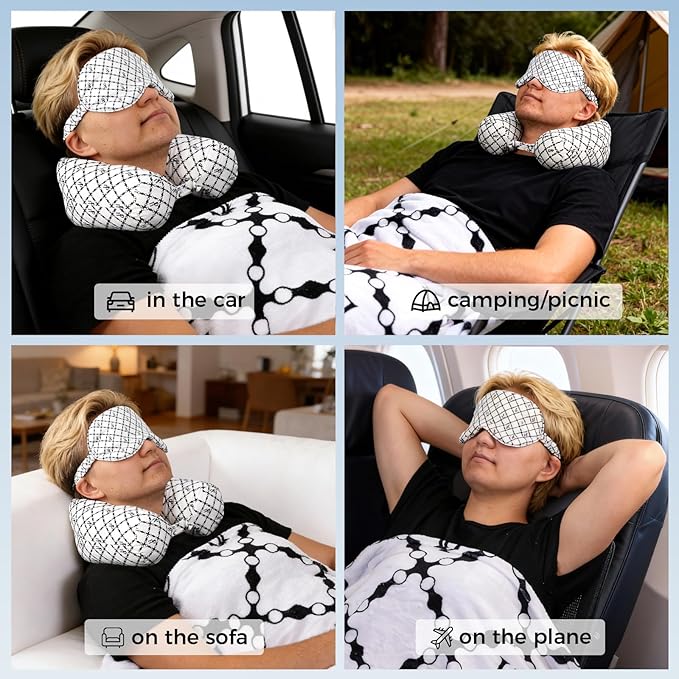 Travel Pillow with Detachable Flannel Blanket & Eye Mask – Plush Velvet Neck Support Pillow for Airplane,Car,Office Rest,Coordinated Digital Print Set (Black Circular Grid, 60in * 79in)