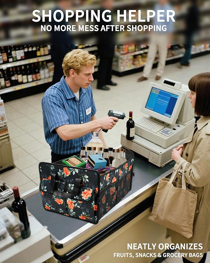 Sturdy Car Trunk Organizer β Large Capacity Trunk Organizer for SUVs & Sedans, Hard-Shell One-Piece Design with Cute Print, Collapsible and Durable Car Organizers (Flower 70L)