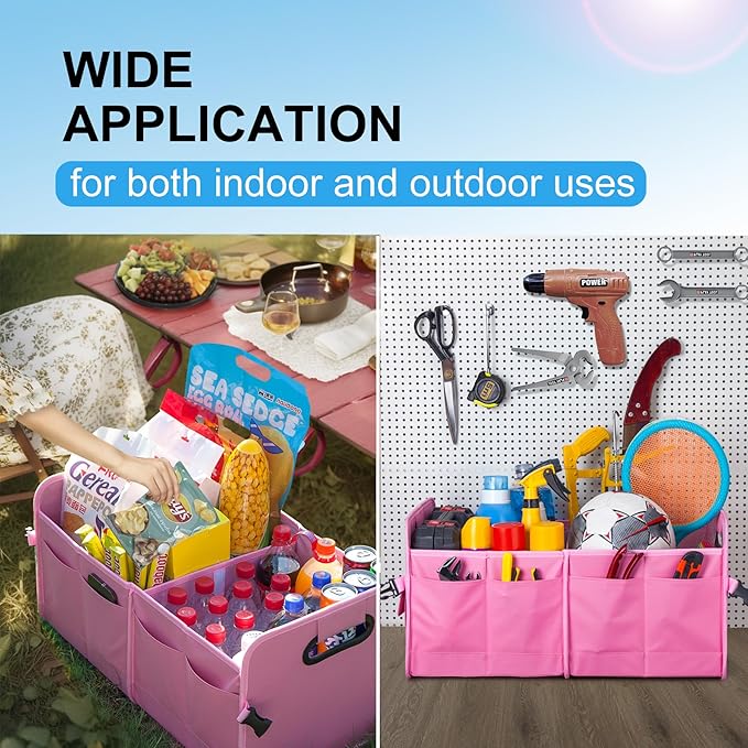 Trunk Organizer For Suv & Sedan,Car Organizers and Storage, Waterproof Collapsible & Adjustable Straps,75L Sturdy Car Organization for Car Accessories, Tools,Sundries,2-3 Compartment(Pink)