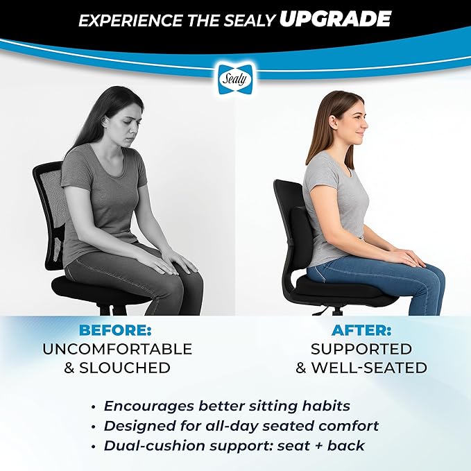 Sealy Memory Foam Car 2-Pack Seat Cushions – Ergonomic Cushions for Tailbone Pain Relief, Ideal for Office Chairs, Car Seats and Gaming Chairs, Premium Cushions Offering Superior Comfort and Support