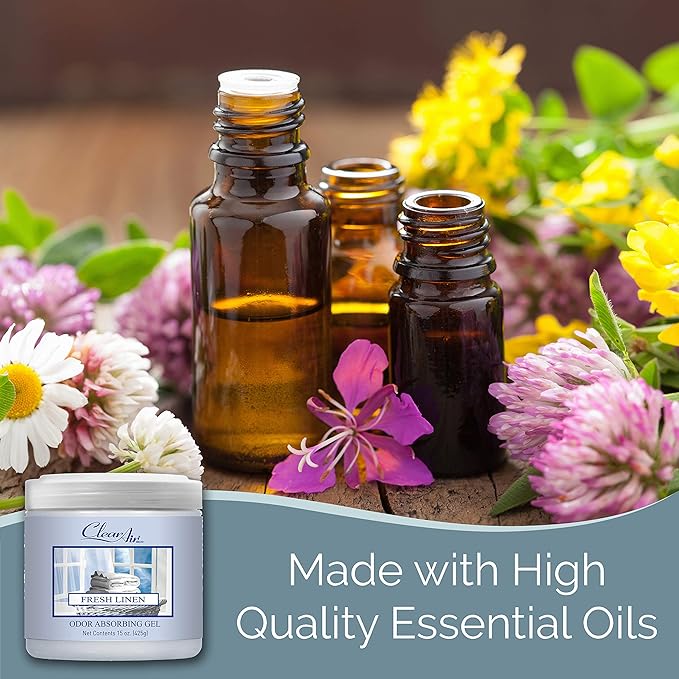 Clear Air 15oz Gel Odor Eliminator - Absorb & Remove Strong Odors from Pets, in Bathrooms, Basements, Garage, Cars, RVs & Boats - Eliminate Tough Odors with Essential Oils (Fresh Linen, 2-Pack)