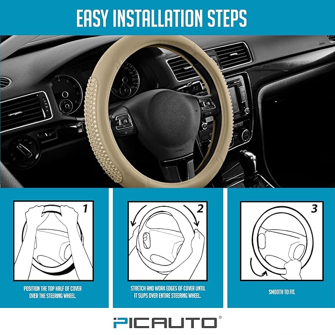 PIC AUTO Steering Wheel Cover, Glitter Gel Particles & Beige Luxury Leather Car Steering Cover, Universal Fit 14.5"-15.5" Anti-Slip Car Wheels Cover for Girls & Women