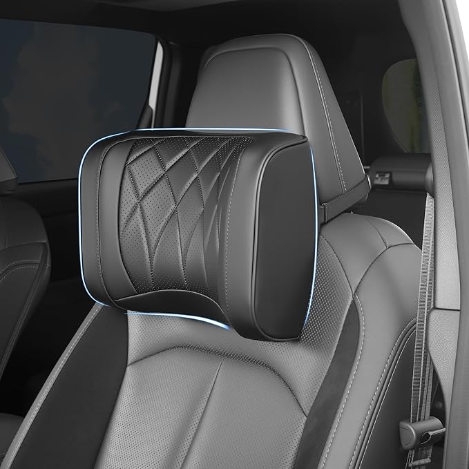 Car Headrest Pillow U-Shaped, Memory Foam Head Neck Support Cushion for Driving, Leather Head Rest Travel Pillows for Sleeping, Breathable Removable Cover, Black, 2 Pack