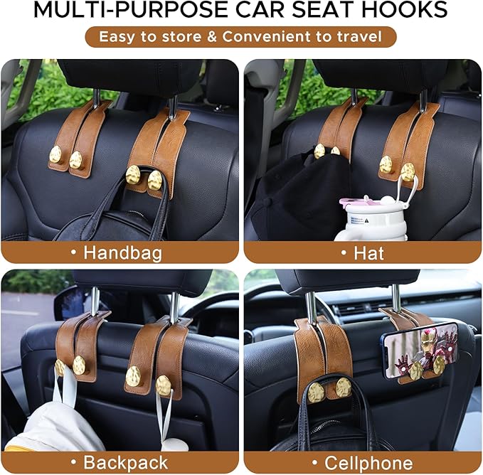 4 PCS Leather Car Seat Hooks for Headrest, Vehicle Hanger Storage Organizer Universal for Handbag Purse, Car Accessories Gift (Brown-Gold-4 PCS)