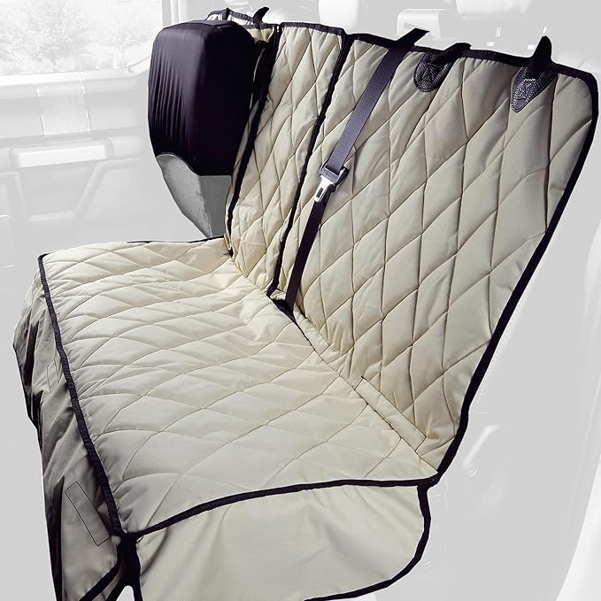 4Knines Bench Seat Covers for Trucks with Dog Hammock & Split-Tech - Rear Seat Protector for Dogs Fits Full Size Crew Cab with Split Bench Seats - Waterproof Dog Seat Cover (Passenger Side, Beige)