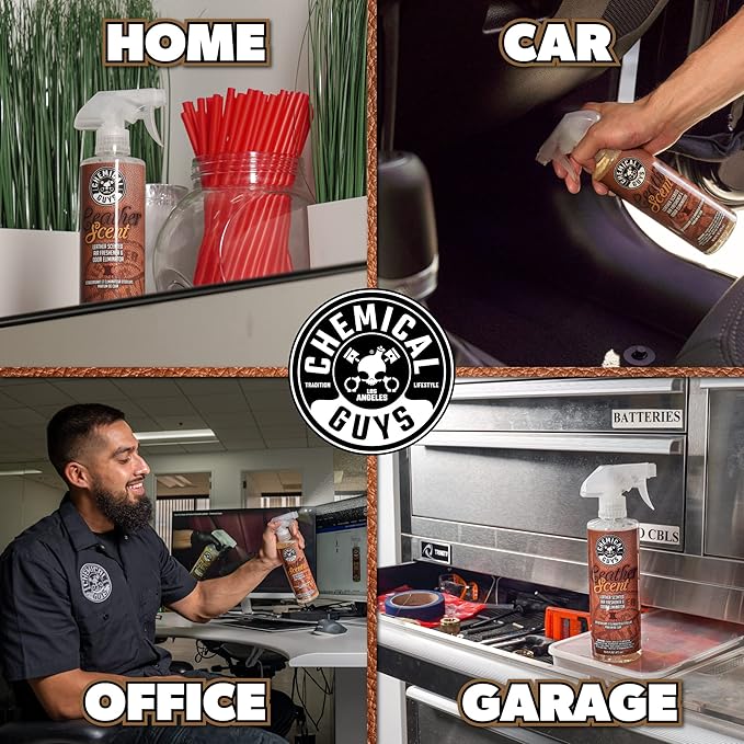 Chemical Guys AIR_102_1602 Leather Scent Premium Air Freshener and Odor Eliminator, Long-Lasting, Just Like New Scent for Cars, Trucks, SUVs, RVs & More, 16 Fl Oz (2 Pack)