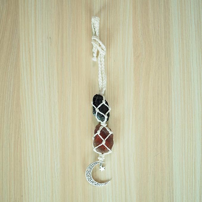 BOHO GARDEN Hanging Car Charm - Black Tourmaline & Carnelian - Dangling Moon, Healing Crystal Accessories, Rearview Mirror Decorations - Grounding, Confidence, Protection, Transformation, Joy, Energy