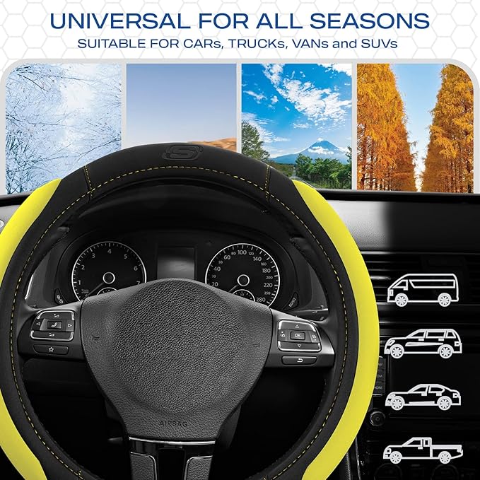 Skechers Steering Wheel Cover, Memory Foam Car Steering Wheel Cover,14.5-15inch Anti-Slip Safety Comfortable Desgin, Universal Accessory for Diverse Cars, Truck,SUV (Black & Yellow)