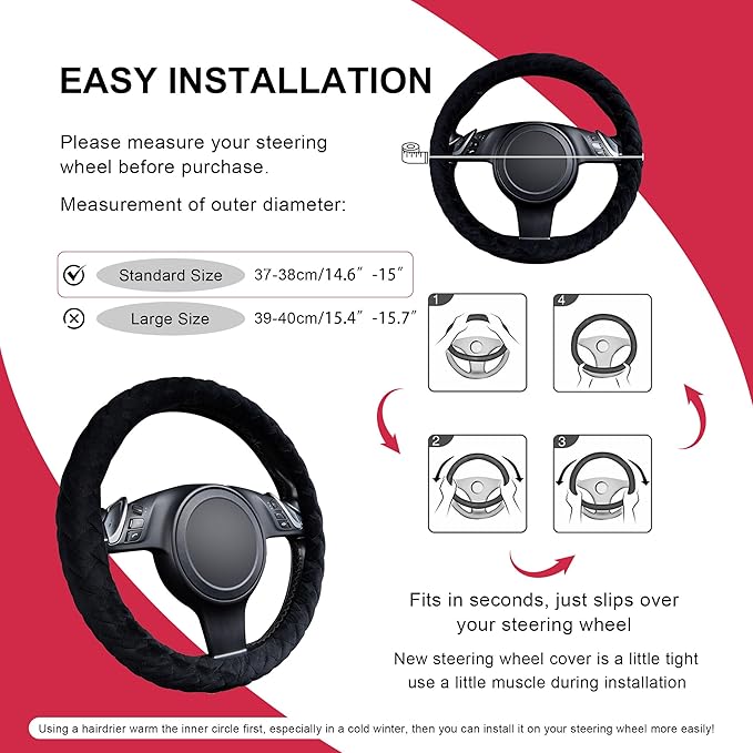 Flying Banner Faux Leather Heavy Duty Inner Ring car Steering Wheel Cover 14.5-15 inches (All Black)