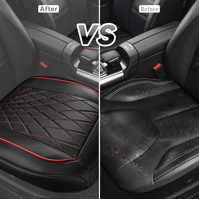 CAR PASS 2 Pack Leather Front Car Seat Covers, Bottom Seat Covers Full Wrapped with Storage Pocket, Anti-Slip PU Seat Protectors,Waterproof Seat Cushion Pad Universal Fit Sedan SUV Truck, Black/Red
