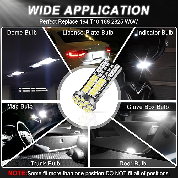 10 Pieces 194 LED Bulb Super Bright 6500K T10 168 2825 W5W 34-SMD 3014 Chipsets Replacement Bulbs for Car Trunk Interior Dome Map Door Dash Courtesy License Plate Lights - Xenon White